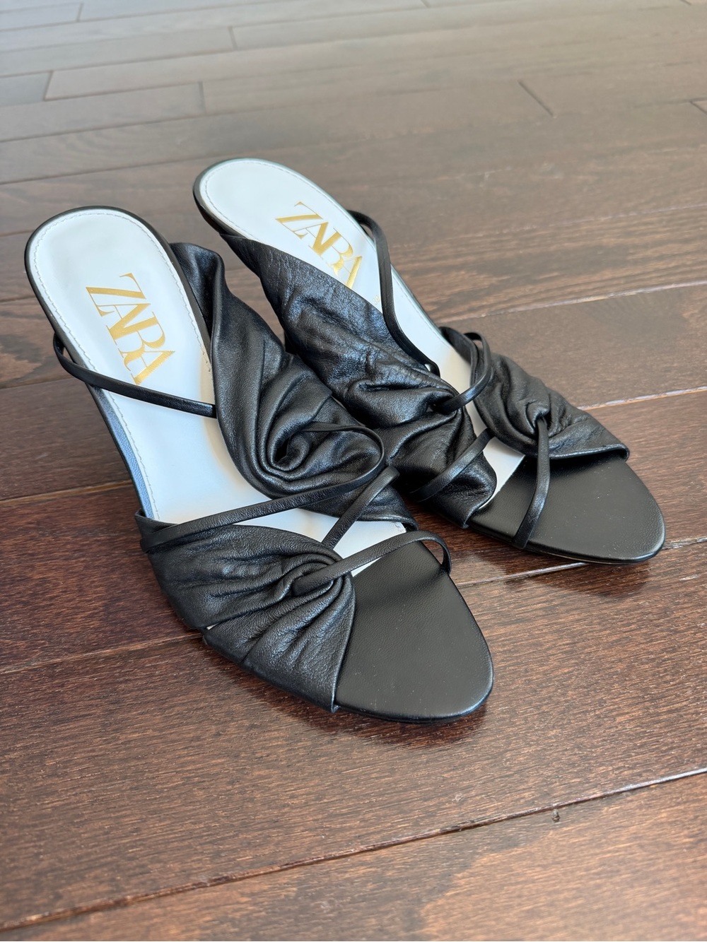 ZARA Black Ruched Leather Strap Heels
